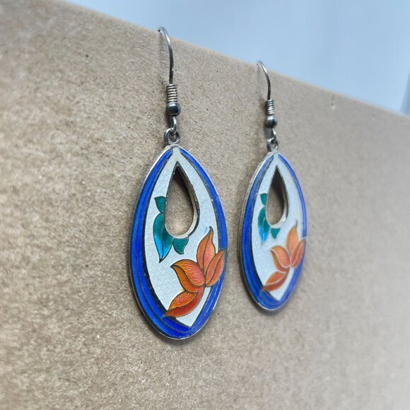 Vintage‎ Cloisonne Earrings Floral Enameled Metal Drop Boho Bohemian Earthy - Picture 3 of 7